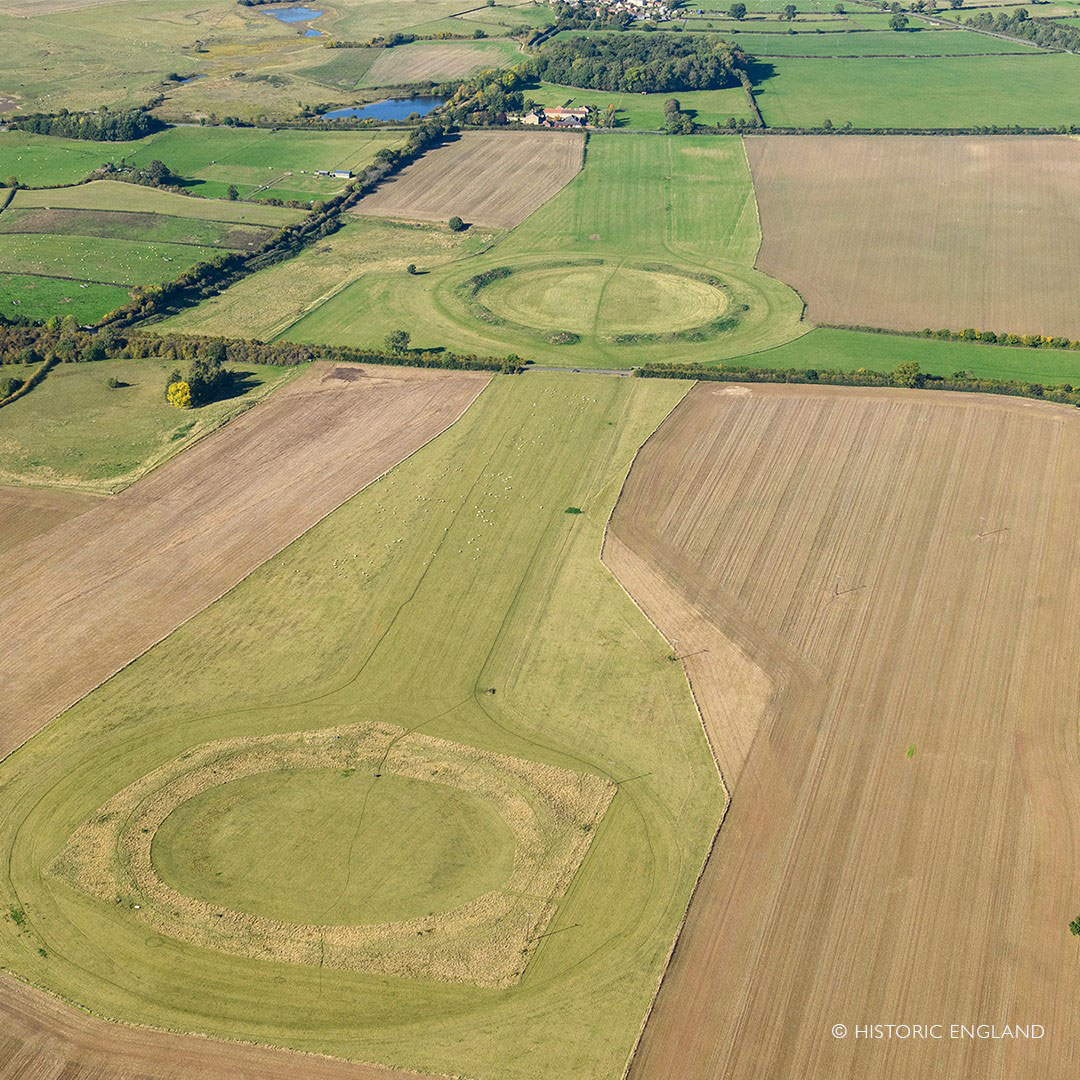An aerial view of the landscape featuring the Thornborough henges