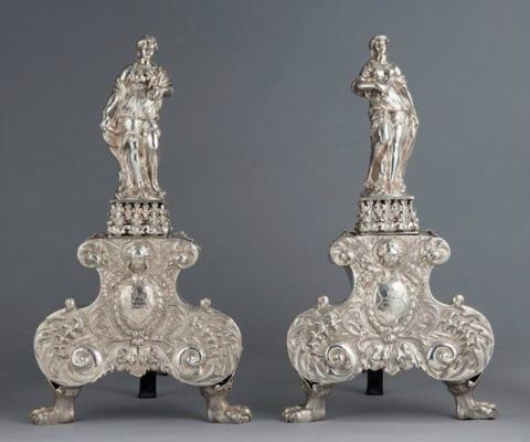 Dated 1680-81, these silver andirons were made to support burning logs in open fireplaces and demonstrate the importance of fireplace furniture during the period