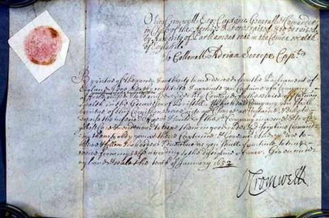 Commission from Oliver Cromwell to Col. A. Scrope to command a Company of Foot of 100 men for the defence of Bristol, 1653