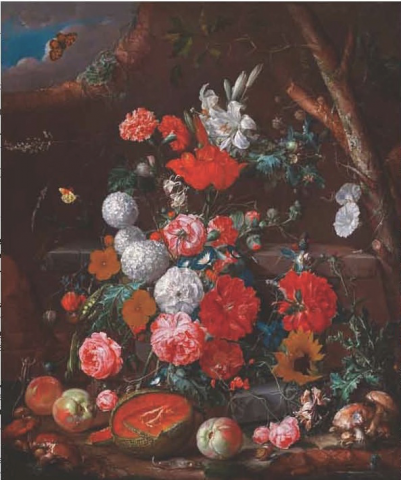 Cornelis de Heem's A Still Life of Flowers and Fruit arranged on a Stone Plinth in a Garden