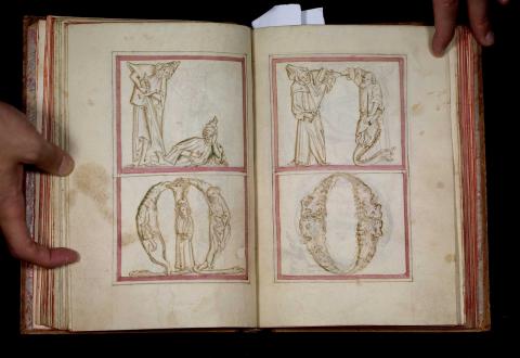 Letters L, M, N and O, formed of figures and animals copied after the Flemish '1464 Grotesque Alphabet'
