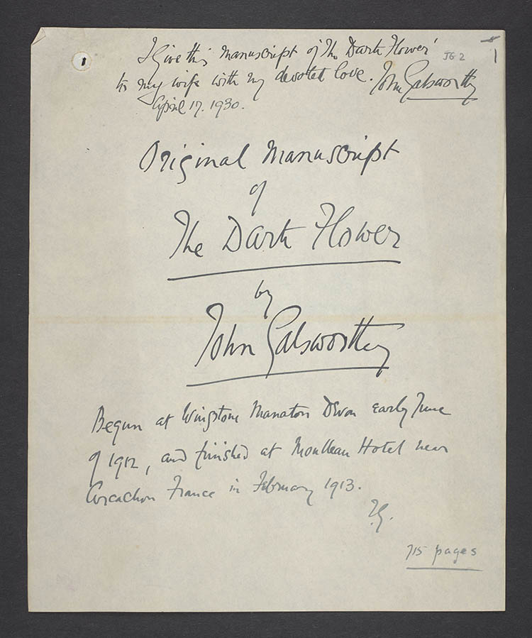 A sheet of paper with handwritten text reading "Original Manuscript of The Dark Flower by John Galsworthy"