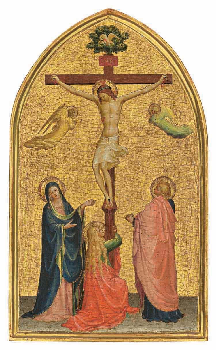 The Crucifixion with the Virgin, Saint John the Evangelist and the Magdalen, a tempera painting of the crucifixion of Christ on a panel with a gold background