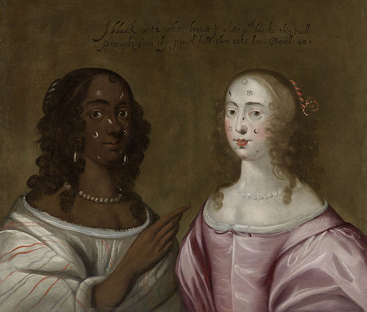 Painting of two women in 17th century dress against a brown background