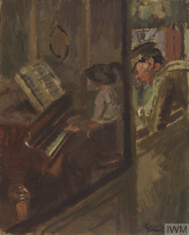 Artwork showing person looking our of window whilst another person plays the piano