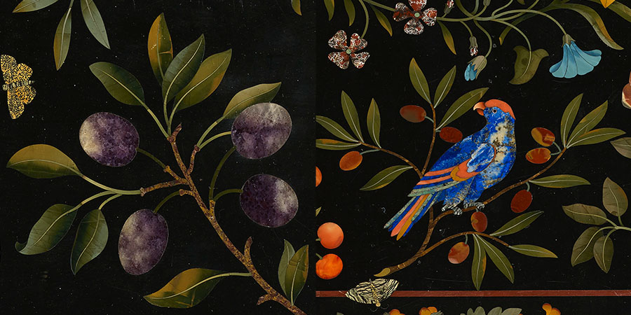 Details from a table top showing a parrot and plums