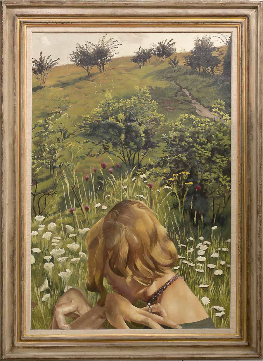 An oil painting of a woman in profile with her hair covering her face. Her hands are distorted and she is standing in front of a hill covered in flowers and bushes.