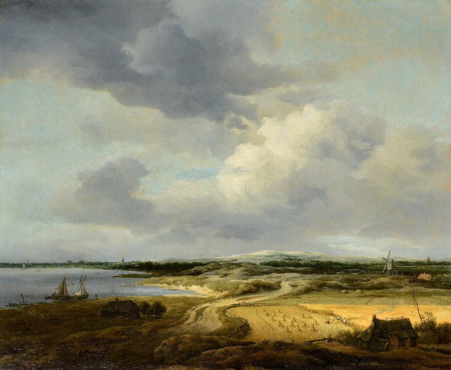 Painting of a landscape showing boat, fields, haystacks, windmill and dramatic clouds.  