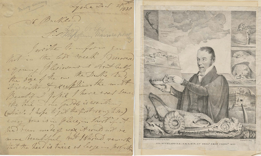 Drawing of William Buckland next to his handwritten page of text