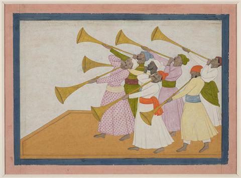 Nainsukh of Guler, The Trumpeters. Opaque watercolour on paper, 1735-40 ©