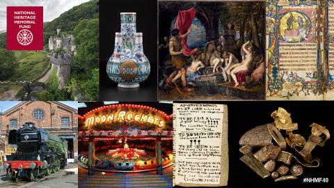 A collage showing several objects that have received NHMF funding: a castle, vase, painting, manuscript, train, fair ground ride, hand written words on a page, hoarde