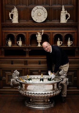 Keeper emeritus of Temple Newsam House James Lomax with Lord Raby's silver wine cooler