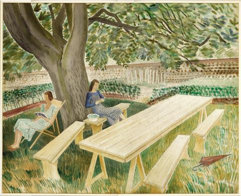 "Eric Ravilious, Two Women Sitting in a Garden, Watercolour and pencil, 1932/33