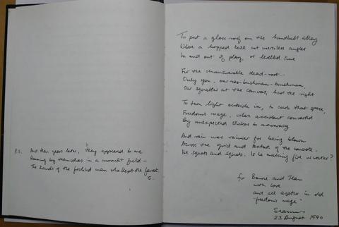 Two poems by Seamus Heaney, inscribed in the guest book of Barrie Cooke and Jean Valentine, 23 August 1990. Credit: The Heaney Estate. Two poems by Seamus Heaney, inscribed in the guest book of Barrie Cooke and Jean Valentine, 23 August 1990. Credit: The Heaney Estate.
