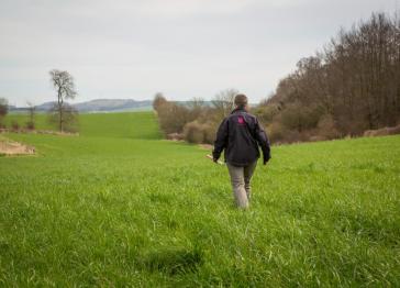 Person walking across green field