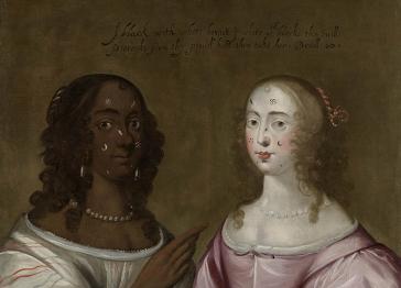 Painting of two women in 17th century dress against a brown background