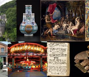 A collage showing several objects that have received NHMF funding: a castle, vase, painting, manuscript, train, fair ground ride, hand written words on a page, hoarde