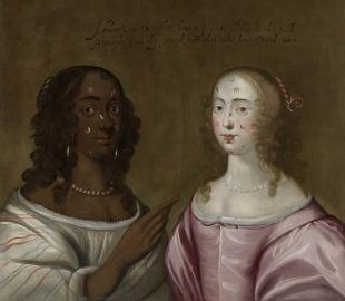 Painting of two women in 17th century dress against a brown background